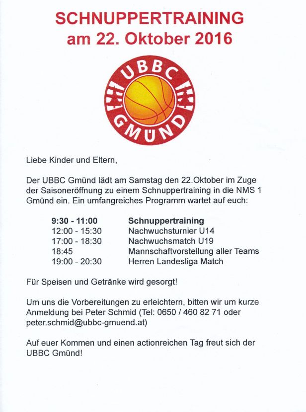 UBBC Schnuppertraining am 22. Okt in der NMS 1